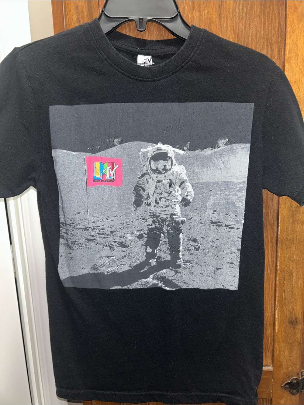 MTV Small Black Tee with Vibrant MTV Flag and Grayscale Astronaut